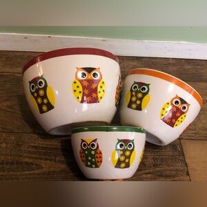 MCM Owl Nesting Bowls Set Of 3 Multicolor Stoneware Ceramic Retro Birds
